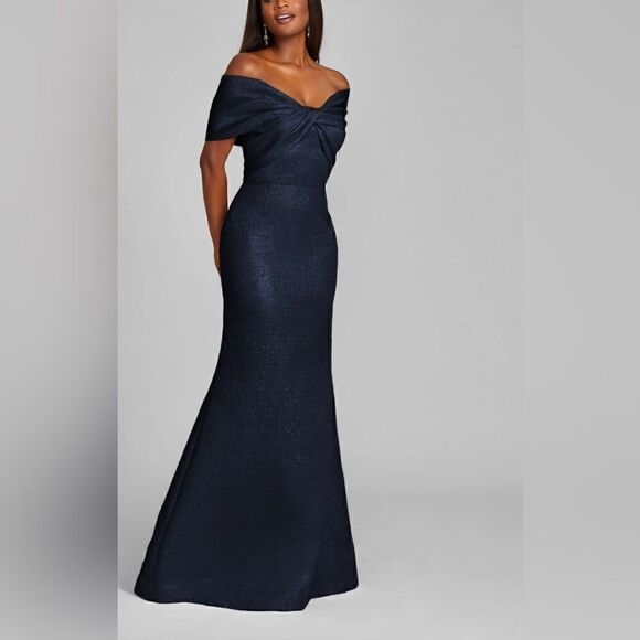 Metallic Jacquard Twist Bodice Off Shoulder Gown Teri Jon